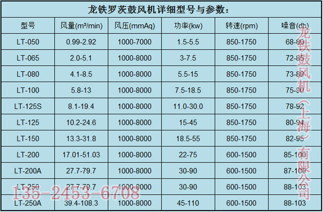 龍鐵煤氣專用羅茨鼓風(fēng)機參數(shù)